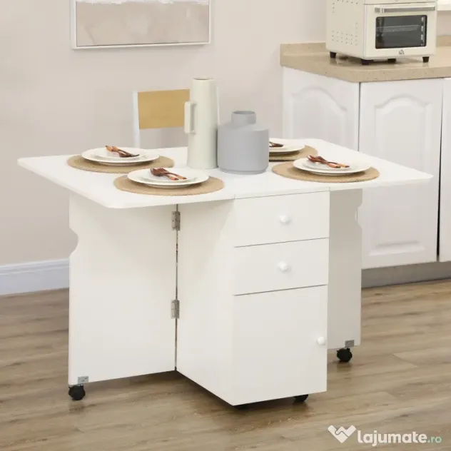 HOMCOM Masa de Bucatarie pliabila cu 2 Sertare si Dulapior cu Usi, Masa Plianta cu 6 Roti din PAL, 120x80x75 cm, Alb
