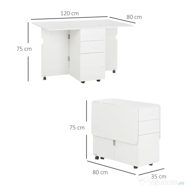 HOMCOM Masa de Bucatarie pliabila cu 2 Sertare si Dulapior cu Usi, Masa Plianta cu 6 Roti din PAL, 120x80x75 cm, Alb