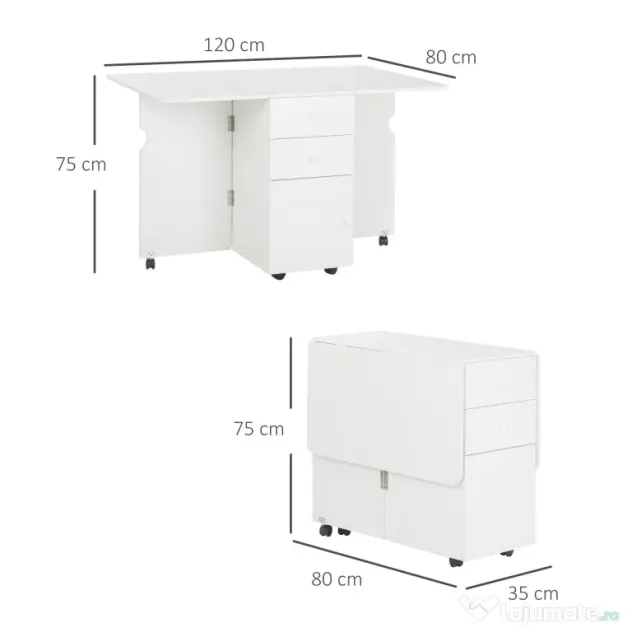 HOMCOM Masa de Bucatarie pliabila cu 2 Sertare si Dulapior cu Usi, Masa Plianta cu 6 Roti din PAL, 120x80x75 cm, Alb
