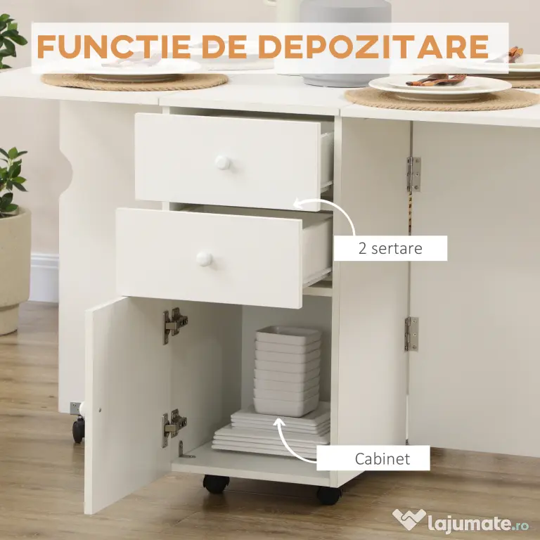 HOMCOM Masa de Bucatarie pliabila cu 2 Sertare si Dulapior cu Usi, Masa Plianta cu 6 Roti din PAL, 120x80x75 cm, Alb