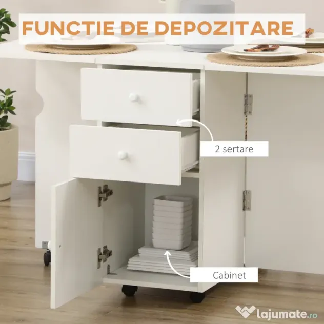 HOMCOM Masa de Bucatarie pliabila cu 2 Sertare si Dulapior cu Usi, Masa Plianta cu 6 Roti din PAL, 120x80x75 cm, Alb