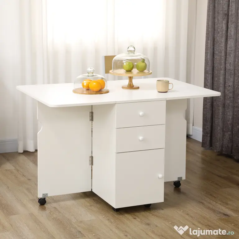 HOMCOM Masa de Bucatarie pliabila cu 2 Sertare si Dulapior cu Usi, Masa Plianta cu 6 Roti din PAL, 120x80x75 cm, Alb