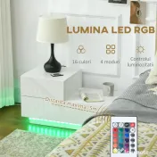 Noptieră LED Modernă HOMCOM | 16 Culori RGB cu Telecomandă | 2 Sertare | PAL | 70x37x38 cm | Alb | Aosom Romania
