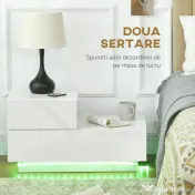 Noptieră LED Modernă HOMCOM | 16 Culori RGB cu Telecomandă | 2 Sertare | PAL | 70x37x38 cm | Alb | Aosom Romania