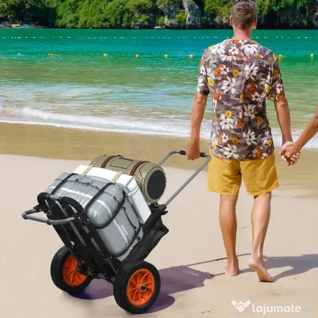 SPORTNOW Carucior de plaja pliabil, carucior de plaja din aluminiu cu roti mari de 30 cm pentru orice teren si maner telescopic, utilizare in gradina pentru cumparaturi in camping