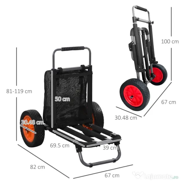 SPORTNOW Carucior de plaja pliabil, carucior de plaja din aluminiu cu roti mari de 30 cm pentru orice teren si maner telescopic, utilizare in gradina pentru cumparaturi in camping