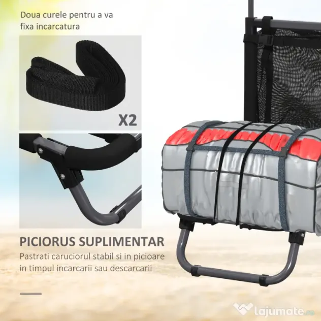 SPORTNOW Carucior de plaja pliabil, carucior de plaja din aluminiu cu roti mari de 30 cm pentru orice teren si maner telescopic, utilizare in gradina pentru cumparaturi in camping