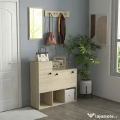 HOMCOM Mobilier pentru Hol cu Depozitare pentru 9 Perechi de Pantofi, Oglindă, Dulap, Rafturi și 4 Cârlige, 90x30x87 cm, Lemn Natural | Aosom Romania 
