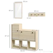 HOMCOM Mobilier pentru Hol cu Depozitare pentru 9 Perechi de Pantofi, Oglindă, Dulap, Rafturi și 4 Cârlige, 90x30x87 cm, Lemn Natural | Aosom Romania 