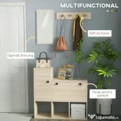 HOMCOM Mobilier pentru Hol cu Depozitare pentru 9 Perechi de Pantofi, Oglindă, Dulap, Rafturi și 4 Cârlige, 90x30x87 cm, Lemn Natural | Aosom Romania 