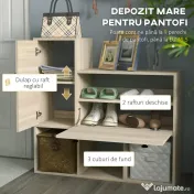 HOMCOM Mobilier pentru Hol cu Depozitare pentru 9 Perechi de Pantofi, Oglindă, Dulap, Rafturi și 4 Cârlige, 90x30x87 cm, Lemn Natural | Aosom Romania 