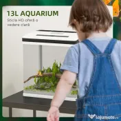PawHut Acvariu de 13L, de Sticla cu Filtru, Iluminare cu LED-uri, Pompa de Apa, 29x20x30,5cm - Alb 