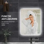 kleankin Oglindă de Baie cu Lumină LED, 3 Culori, Întrerupătoare Touch și Luminozitate Reglabilă, 70x50x3 cm, Transparent | Aosom Romania 