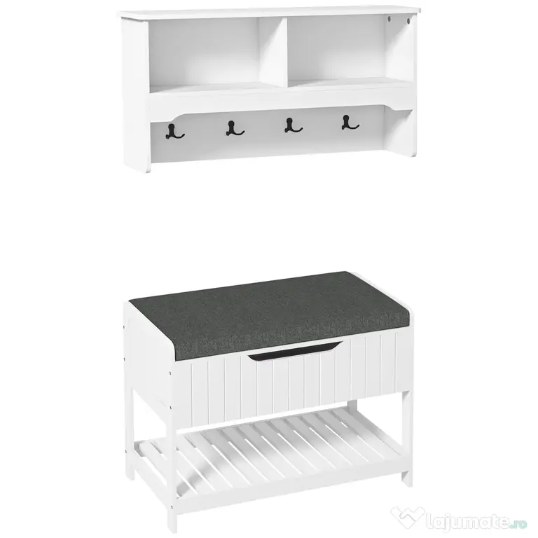 Cuier de Perete cu Banca Suport pentru Pantofi Dotata cu Cuburi de Perete, 4 Carlige si Raft Retractabil, 80x20x40 cm, Alb HOMCOM | Aosom RO