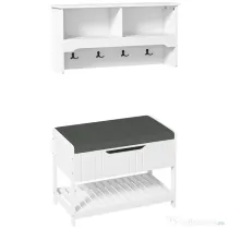 Cuier de Perete cu Banca Suport pentru Pantofi Dotata cu Cuburi de Perete, 4 Carlige si Raft Retractabil, 80x20x40 cm, Alb HOMCOM | Aosom RO