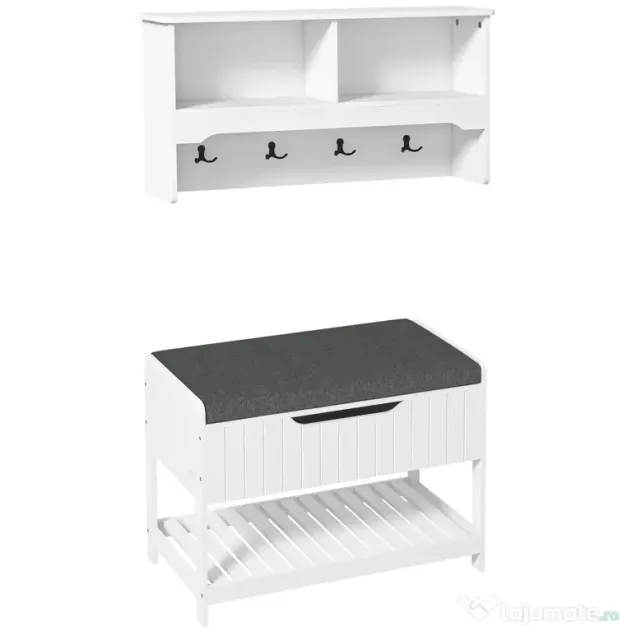 Cuier de Perete cu Banca Suport pentru Pantofi Dotata cu Cuburi de Perete, 4 Carlige si Raft Retractabil, 80x20x40 cm, Alb HOMCOM | Aosom RO