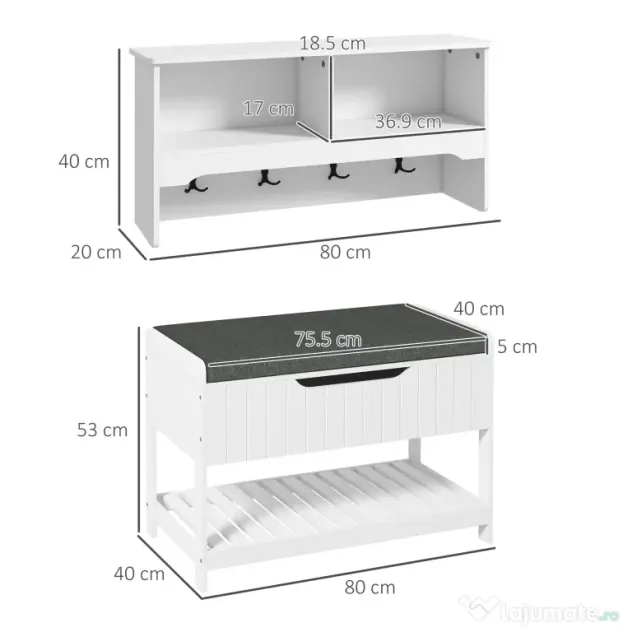 Cuier de Perete cu Banca Suport pentru Pantofi Dotata cu Cuburi de Perete, 4 Carlige si Raft Retractabil, 80x20x40 cm, Alb HOMCOM | Aosom RO