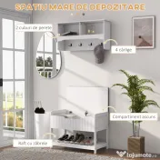 Cuier de Perete cu Banca Suport pentru Pantofi Dotata cu Cuburi de Perete, 4 Carlige si Raft Retractabil, 80x20x40 cm, Alb HOMCOM | Aosom RO 