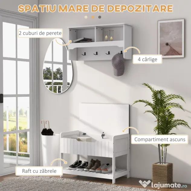 Cuier de Perete cu Banca Suport pentru Pantofi Dotata cu Cuburi de Perete, 4 Carlige si Raft Retractabil, 80x20x40 cm, Alb HOMCOM | Aosom RO