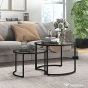 HOMCOM Set de 2 Mese de Cafea Suprapozabile din Sticlă și Oțel, Ø70x47.5 cm și Ø54x42.5 cm, Negru | Aosom Romania 