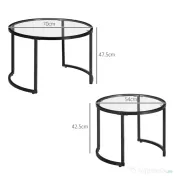 HOMCOM Set de 2 Mese de Cafea Suprapozabile din Sticlă și Oțel, Ø70x47.5 cm și Ø54x42.5 cm, Negru | Aosom Romania 