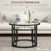 HOMCOM Set de 2 Mese de Cafea Suprapozabile din Sticlă și Oțel, Ø70x47.5 cm și Ø54x42.5 cm, Negru | Aosom Romania 