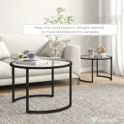 HOMCOM Set de 2 Mese de Cafea Suprapozabile din Sticlă și Oțel, Ø70x47.5 cm și Ø54x42.5 cm, Negru | Aosom Romania 