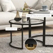 HOMCOM Set de 2 Mese de Cafea Suprapozabile din Sticlă și Oțel, Ø70x47.5 cm și Ø54x42.5 cm, Negru | Aosom Romania 