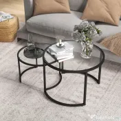 HOMCOM Set de 2 Mese de Cafea Suprapozabile din Sticlă și Oțel, Ø70x47.5 cm și Ø54x42.5 cm, Negru | Aosom Romania 