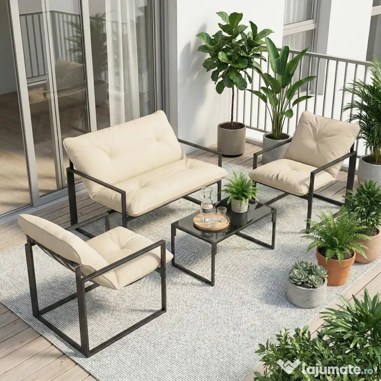 Outsunny Set Mobilier de Exterior cu Masă din Sticlă, Canapea, 2 Fotolii și Perne, Bej | Aosom Romania