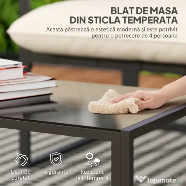 Outsunny Set Mobilier de Exterior cu Masă din Sticlă, Canapea, 2 Fotolii și Perne, Bej | Aosom Romania