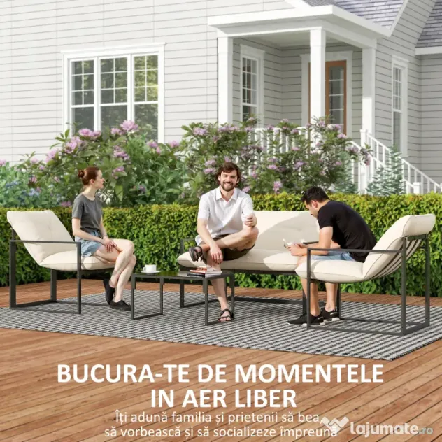 Outsunny Set Mobilier de Exterior cu Masă din Sticlă, Canapea, 2 Fotolii și Perne, Bej | Aosom Romania
