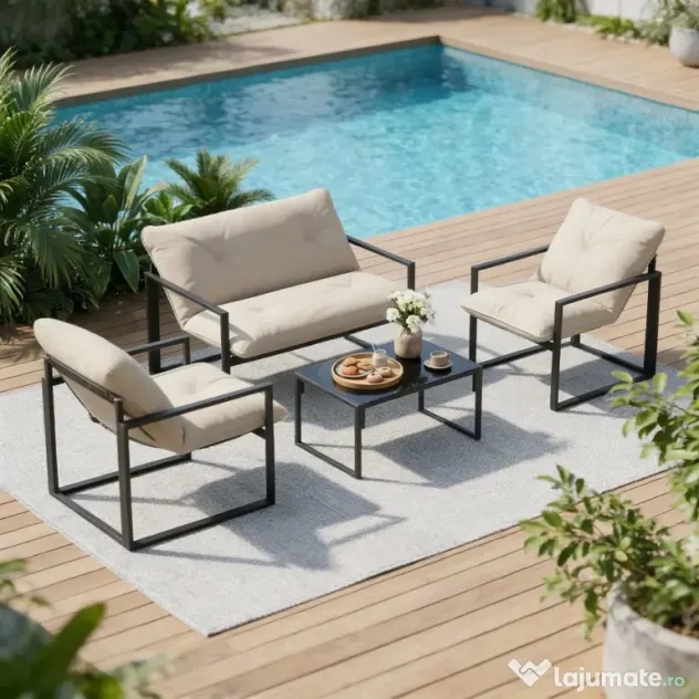 Outsunny Set Mobilier de Exterior cu Masă din Sticlă, Canapea, 2 Fotolii și Perne, Bej | Aosom Romania