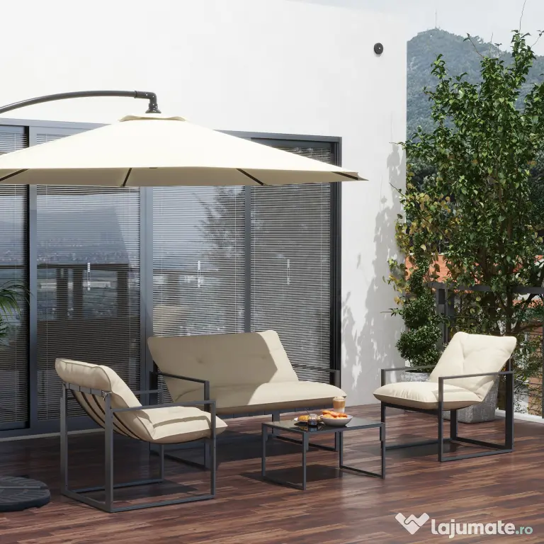 Outsunny Set Mobilier de Exterior cu Masă din Sticlă, Canapea, 2 Fotolii și Perne, Bej | Aosom Romania
