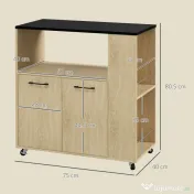 Cărucior de bucătărie din PAL cu raft deschis, dulap cu 2 uși și poliță laterală cu 2 niveluri, 75x40x80,5cm stejar și negru HOMCOM | Aosom Romania 