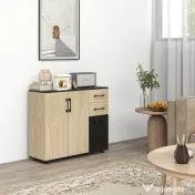 Bufet modern cu 2 dulapuri și 2 sertare, bufet de bucătărie cu raft reglabil, 90x30x75,5 cm, de culori nuc și negru HOMCOM | Aosom Romania 
