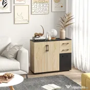 Bufet modern cu 2 dulapuri și 2 sertare, bufet de bucătărie cu raft reglabil, 90x30x75,5 cm, de culori nuc și negru HOMCOM | Aosom Romania 