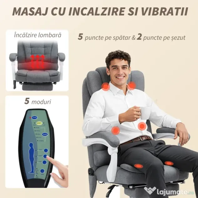 Vinsetto Scaun de Birou cu Telecomandă și 6 Puncte de Masaj, Tapitat cu Stofă Tip Catifea, 67x79x111-121 cm, Gri | Aosom Romania