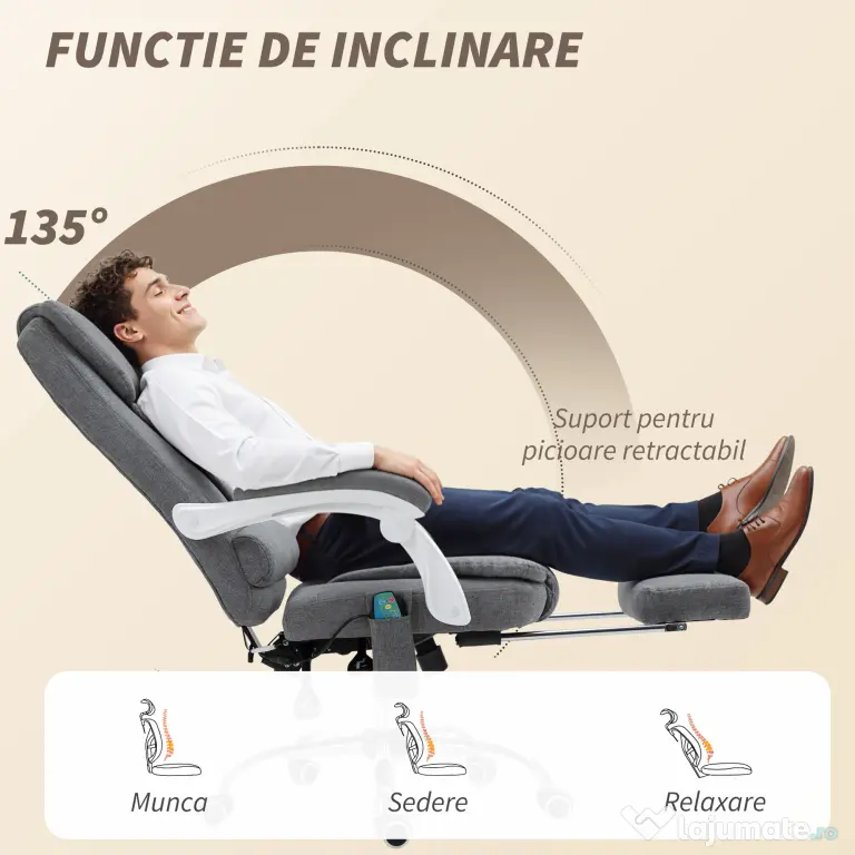 Vinsetto Scaun de Birou cu Telecomandă și 6 Puncte de Masaj, Tapitat cu Stofă Tip Catifea, 67x79x111-121 cm, Gri | Aosom Romania