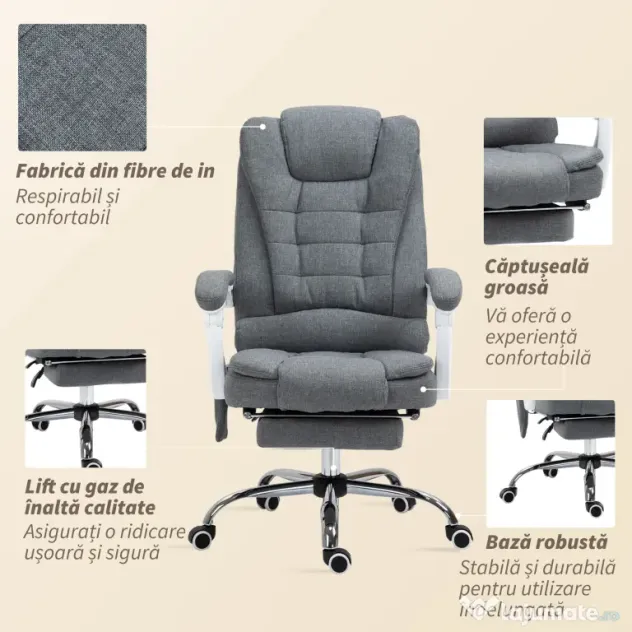 Vinsetto Scaun de Birou cu Telecomandă și 6 Puncte de Masaj, Tapitat cu Stofă Tip Catifea, 67x79x111-121 cm, Gri | Aosom Romania