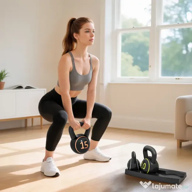 SPORTNOW Set 3 Kettlebell de 2.2 kg, 4.5 kg și 6.8 kg cu Suport pentru Greutăți, din Plastic și Nisip, Negru | Aosom Romania
