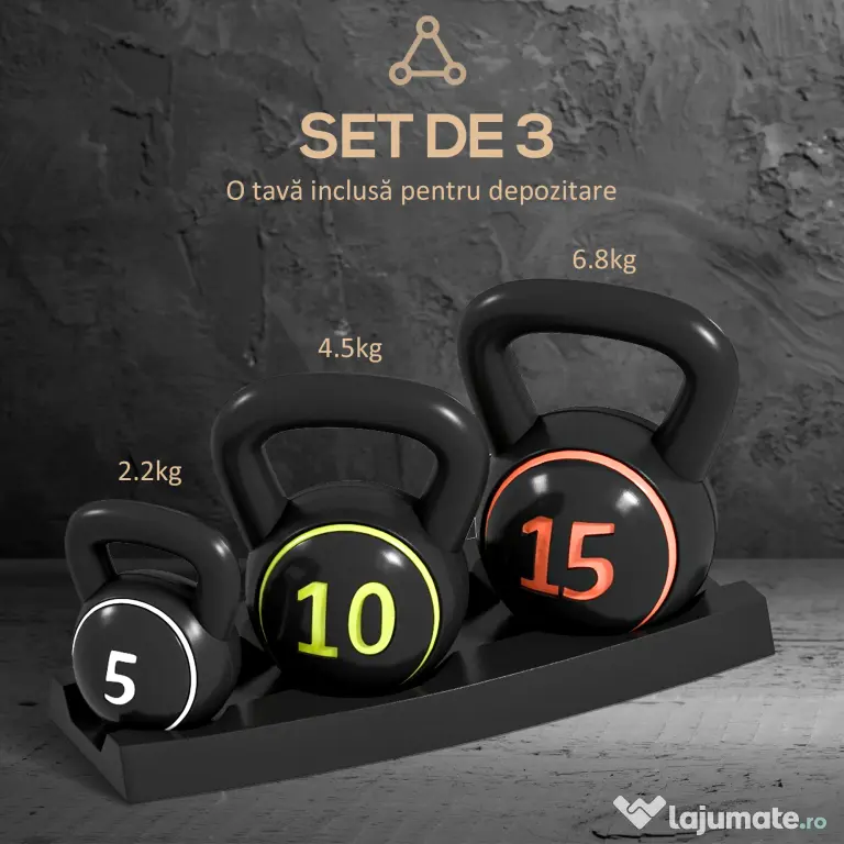 SPORTNOW Set 3 Kettlebell de 2.2 kg, 4.5 kg și 6.8 kg cu Suport pentru Greutăți, din Plastic și Nisip, Negru | Aosom Romania