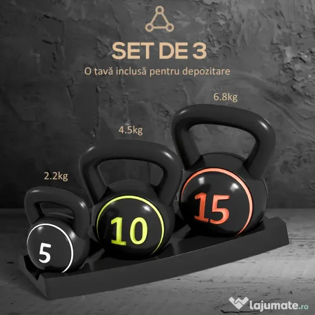 SPORTNOW Set 3 Kettlebell de 2.2 kg, 4.5 kg și 6.8 kg cu Suport pentru Greutăți, din Plastic și Nisip, Negru | Aosom Romania