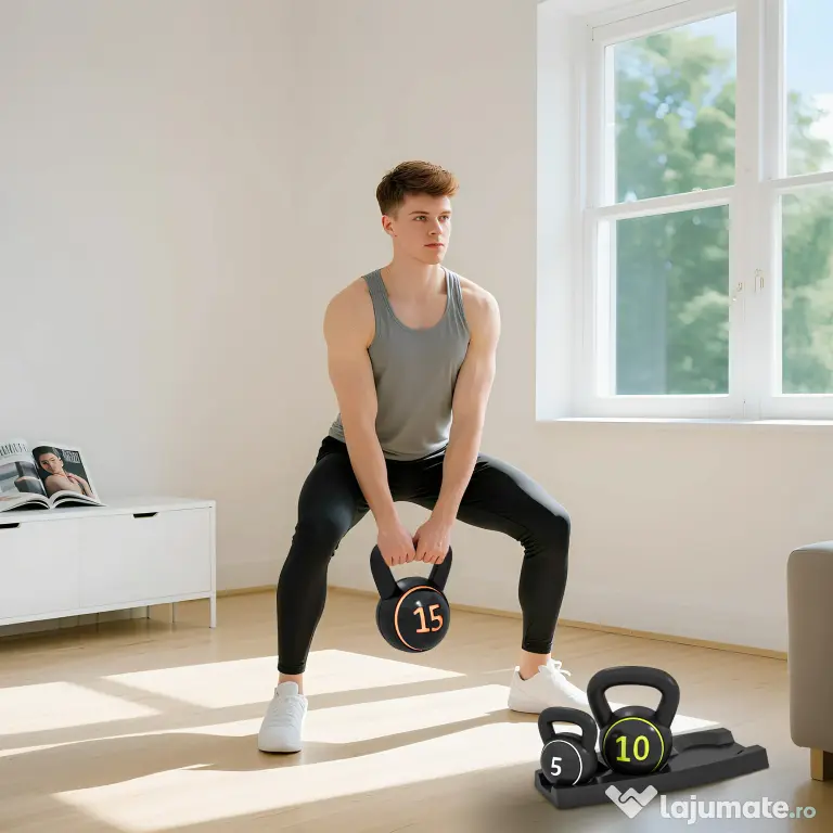 SPORTNOW Set 3 Kettlebell de 2.2 kg, 4.5 kg și 6.8 kg cu Suport pentru Greutăți, din Plastic și Nisip, Negru | Aosom Romania