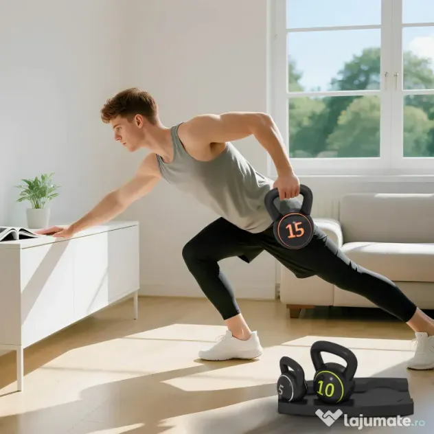 SPORTNOW Set 3 Kettlebell de 2.2 kg, 4.5 kg și 6.8 kg cu Suport pentru Greutăți, din Plastic și Nisip, Negru | Aosom Romania