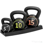 SPORTNOW Set 3 Kettlebell de 2.2 kg, 4.5 kg și 6.8 kg cu Suport pentru Greutăți, din Plastic și Nisip, Negru