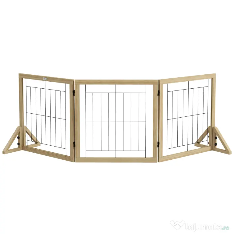 PawHut Gard pliabil pentru câini, gard de siguranță pentru animale de companie și căței cu 3 panouri și suporturi triunghiulare, 210x70 cm, lemn natural | Aosom Romania