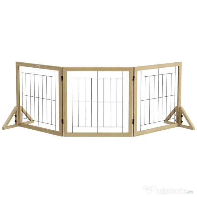 PawHut Gard pliabil pentru câini, gard de siguranță pentru animale de companie și căței cu 3 panouri și suporturi triunghiulare, 210x70 cm, lemn natural | Aosom Romania