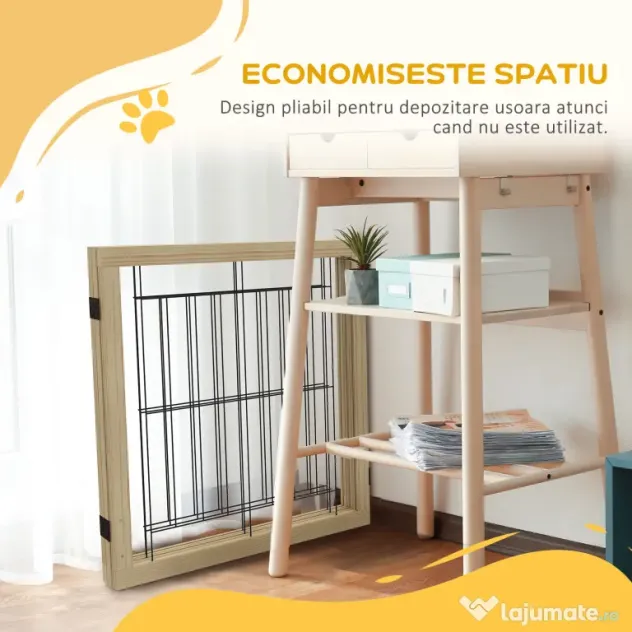 PawHut Gard pliabil pentru câini, gard de siguranță pentru animale de companie și căței cu 3 panouri și suporturi triunghiulare, 210x70 cm, lemn natural | Aosom Romania