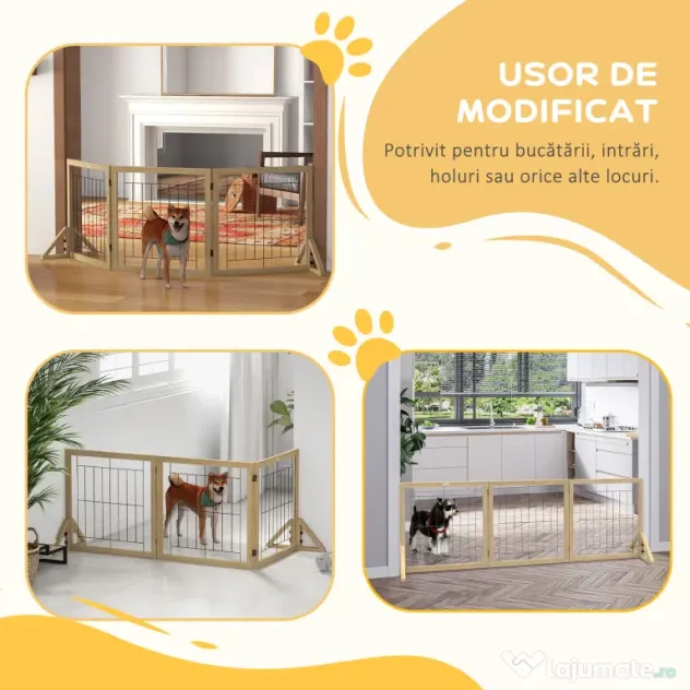 PawHut Gard pliabil pentru câini, gard de siguranță pentru animale de companie și căței cu 3 panouri și suporturi triunghiulare, 210x70 cm, lemn natural | Aosom Romania